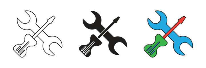 Vector icon set of screwdriver and wrench. Flat illustration of screwdriver and wrench.