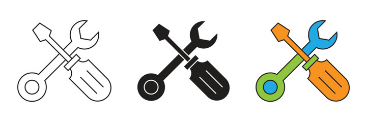 Vector icon set of screwdriver and wrench. Flat illustration of screwdriver and wrench.