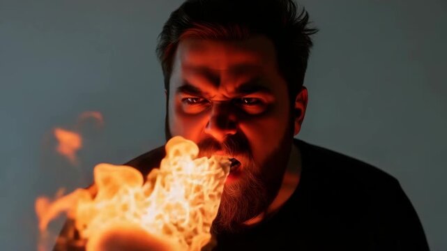 furious bearded man with intense red-lit eyes spits large bright orange flame from his mouth His face contorted in anger illuminating his dark beard against muted background