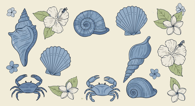 Coastal Theme Hand-Drawn Set with Seashells, Crabs, and Tropical Flowers
