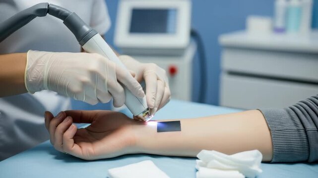 gloved professional uses light-emitting device on rectangular patch on patients arm during skin treatment session White pads rest on the blue examination table in medical setting
