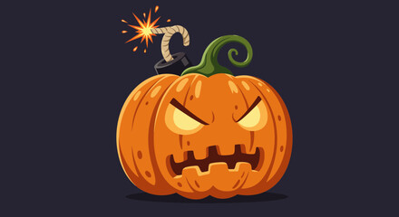 Fototapeta premium Scalable vector illustration of an angry Halloween pumpkin with a lit bomb fuse design