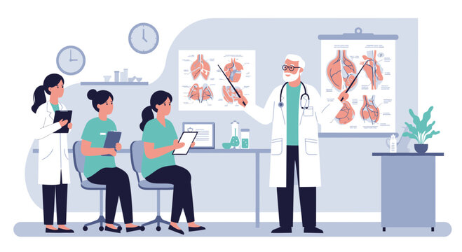 Medical doctor teaching anatomy to healthcare professionals in a clean vector illustration