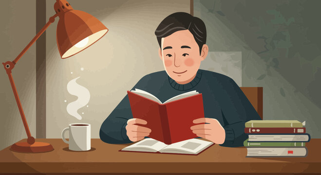 Vector illustration of a man reading a book at a warm, cozy desk with a lamp and coffee.