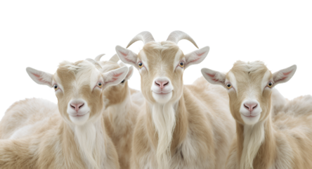 Group of Goats with Unique Expressions Facing Forward, Smiling Face, on White Background