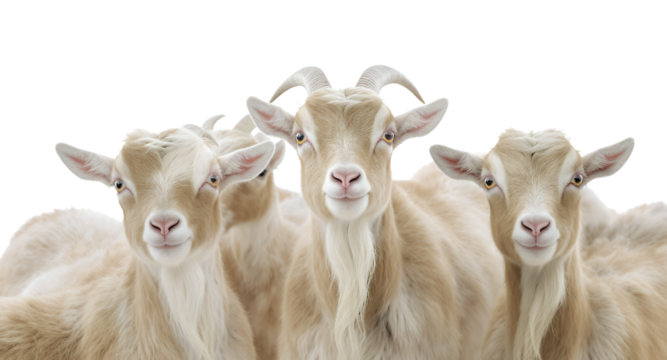 Group of Goats with Unique Expressions Facing Forward, Smiling Face, on White Background