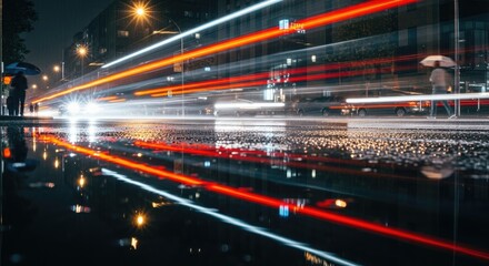 Dynamic Urban Night Scene with Motion Blurred Light Trails on Wet Rainy Street