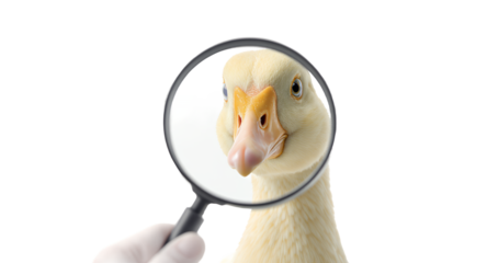 Magnifying Glass Examining a Birds Head Against White Background