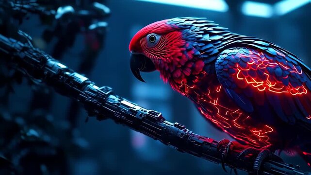 Futuristic parrot perched on a metallic branch
