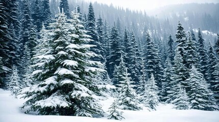 Obraz premium Dense evergreen forest covered with fresh snow, creating a calm and magical winter scene for seasonal and eco designs