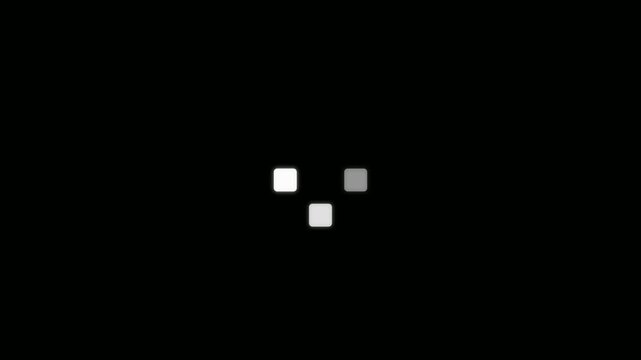 Three white and gray squares in a vertical line with decreasing size and opacity on a black background