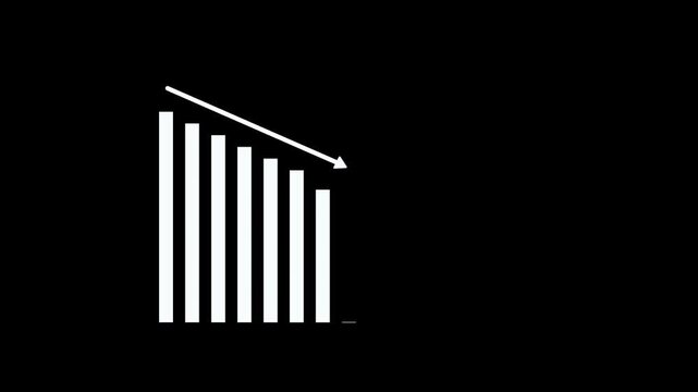 White bar graph with a downward arrow indicating a decline on a black background chart statistics