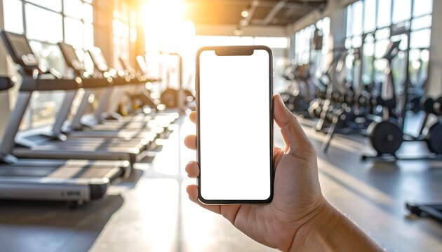 Smartphone held in hand, gym background