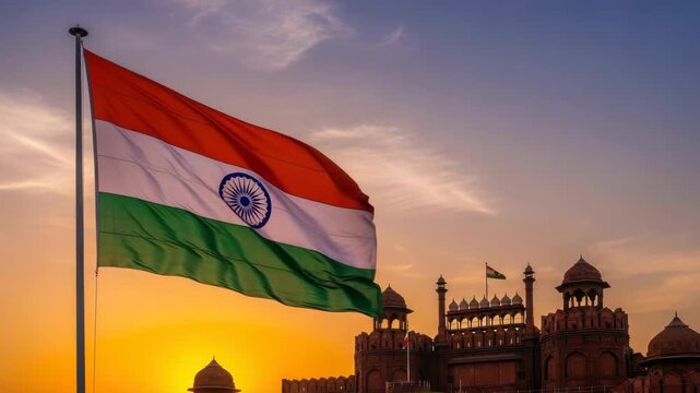 national flag with saffron white and green stripes and blue wheel waves proudly on tall pole against breathtaking sunset overlooking an ancient red sandstone fort
