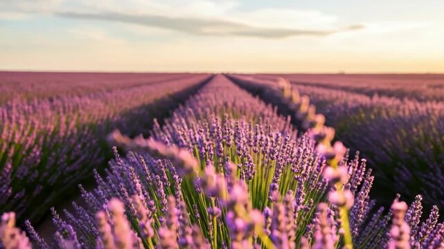 expansive lavender field stretches to the horizon under soft golden sunset sky Rows of vibrant purple blossoms lead the eye with delicate flower spikes in sharp focus upfront