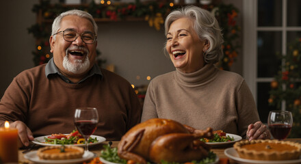 Happy senior couple laughing at festive dinner, holiday celebration concept