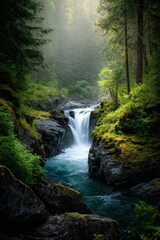 Obraz premium Majestic waterfall cascading through a lush green forest, surrounded by moss-covered rocks and tall pine trees, with sunlight streaming softly through the mist, serene natural landscape.