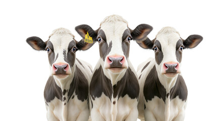 Three black and white cattle against a white background
