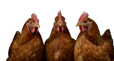 Three Hens Facing Forward on Black Background