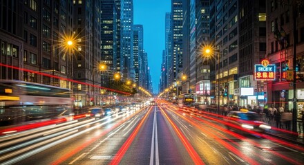 Obraz premium Dynamic City Street at Dusk with Streaking Vehicle Light Trails and Modern Skyscrapers