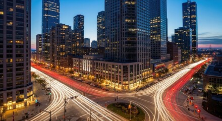 Fototapeta premium Dynamic Night Cityscape with Streaking Vehicle Light Trails and Modern Architecture
