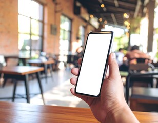 Person holding smartphone in cafe