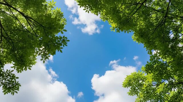 Lush green tree leaves frame vibrant blue sky with soft white clouds seen from low-angle perspective natural border around the open sky