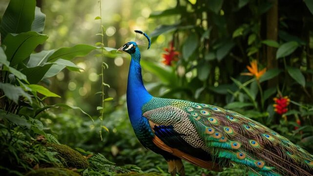 peacock brilliant blue head shimmering green body and elaborate tail with iridescent eye-spots stands gracefully in lush tropical forest amidst verdant plants and vibrant flowers