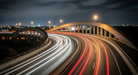 Dynamic Night View of a Modern Urban Highway Interchange with Streaking Car Light Trails