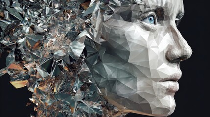 Virtual identity in metaverse with female DJ avatar being digitally formed. CGI 3D head seen through modeled faceted glass material showing digital creation process and cyber identity concept