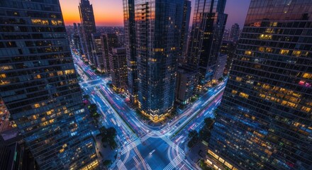 Dynamic Urban Nightscape with Light Trails and Modern Skyscrapers, Representing Global Connectivity and Business Progress