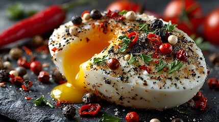 A poached egg with a runny yolk is presented on a dark slate surface, adorned with colorful spices, herbs, and cherry tomatoes for a flavorful experience.