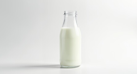 A full glass bottle of milk on white background, dairy product, clear glass
