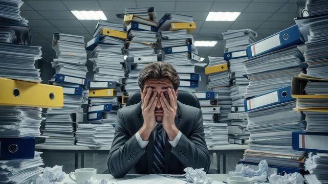 stressed man in suit covers his face at desk surrounded by towering stacks of paper files and binders in an office Crumpled papers and coffee mugs reflect an overwhelming workload