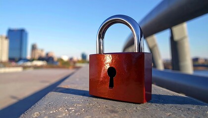 Red padlock on a city bridge