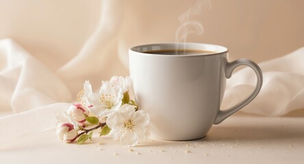 Fototapeta premium A steaming cup of coffee with flowers, a serene and elegant still life