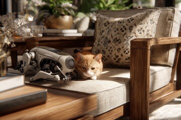 American bobtail cat engages with robotic pet in modern home. Ca