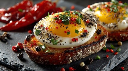 An appetizing close up of a halved boiled egg with fresh herbs and cracked black pepper, served on toast points with red chili peppers creating a flavorful dish.