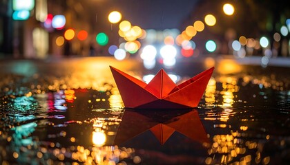 Red paper boat in a puddle at night