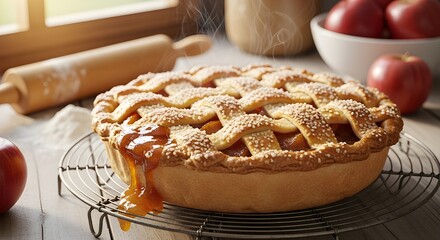 A freshly baked, golden-brown homemade apple pie with a beautiful lattice crust, set on a wooden surface with baking essentials like a rolling pin and fresh apples in the background