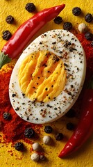 An egg half is served with red pepper and peppercorns and pepper powder on a yellow surface to present a delicious and flavorful culinary experience.