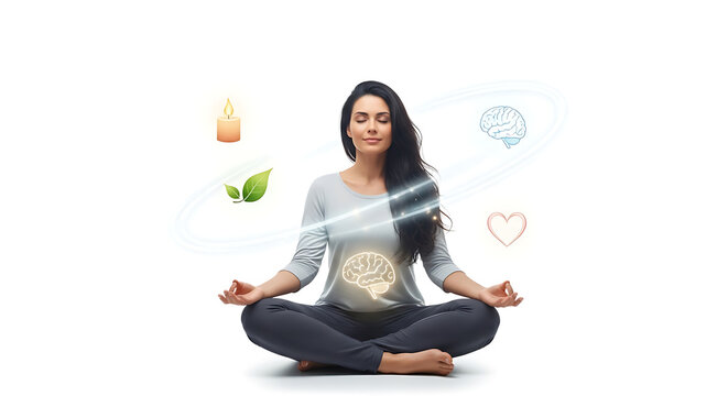 World mental health day woman meditating for mindfulness and mental health wellness with candle leaf heart and brain icons