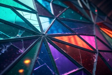 Abstract geometric pattern of vibrant translucent colored glass panels in a kaleidoscope effect
