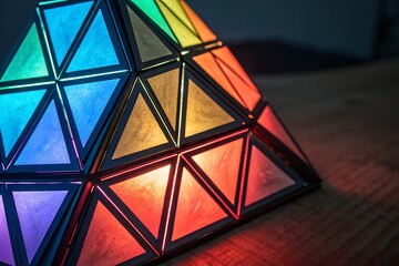 Illuminated geometric pyramid lamp with translucent panels in a rainbow of colors