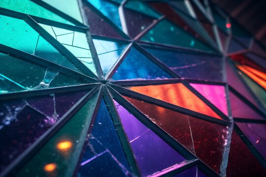 Abstract geometric pattern of vibrant translucent colored glass panels in a kaleidoscope effect