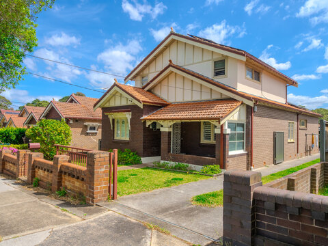 Heritage listed inner west Suburban residential Brick house in Sydney federation residential house in Sydney NSW Australia. Sought after houses due to their Architectural colourful exteriors