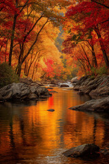 A serene autumn scene along the wide creek, with trees in full fall color display and their reflections on the calm waters