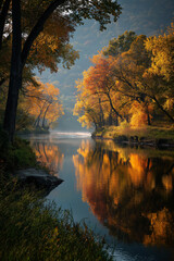 A serene autumn scene along the wide creek, with trees in full fall color display and their reflections on the calm waters