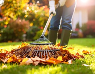 Person rakes leaves in autumn garden