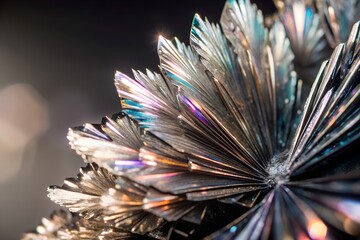 Close up of a shimmering crystalline structure with iridescent rainbow colors reflecting light